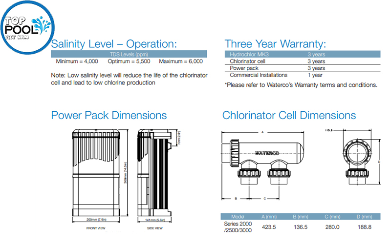 kích thước máy điện phân muối Waterco MK3 2000