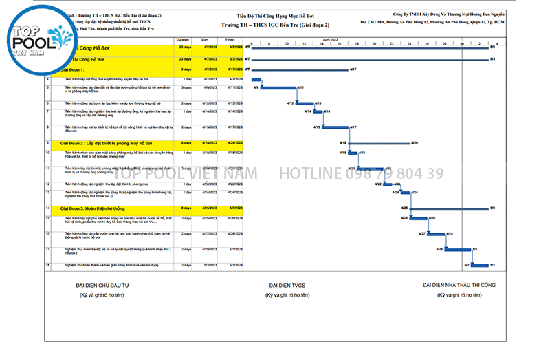 lập tiến độ kế hoạch thi công hồ bơi
