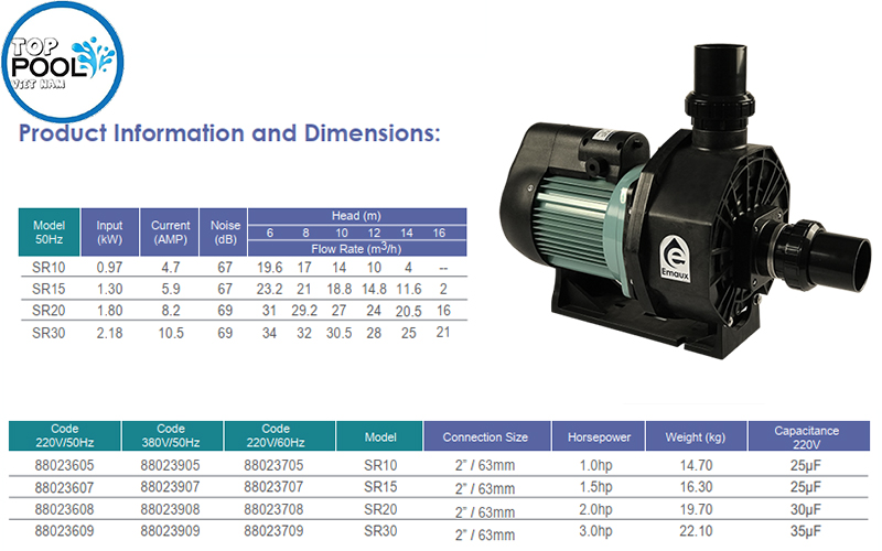 Thông số kỹ thuật máy bơm hồ bơi Emaux SR10