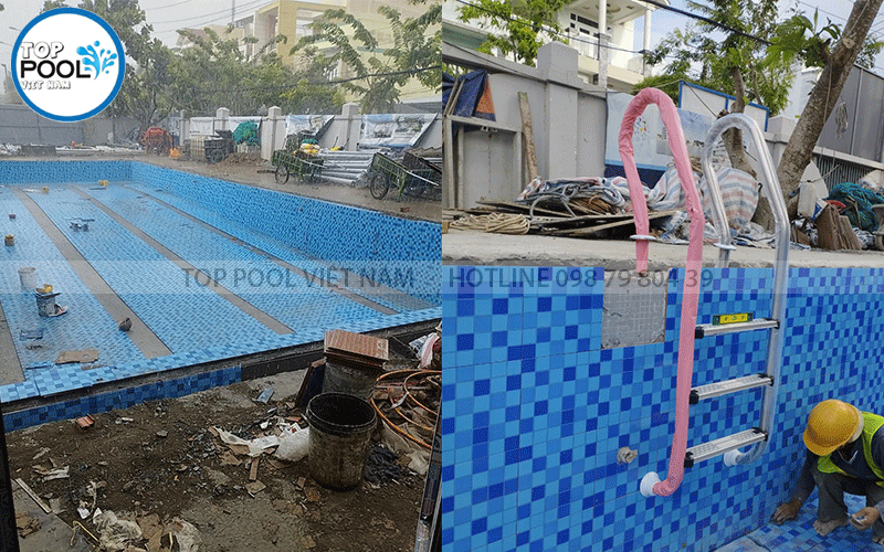 ốp gạch và lắp đặt phụ kiện hồ bơi