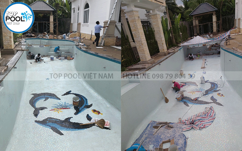 thi công ốp gạch mosaic hồ bơi