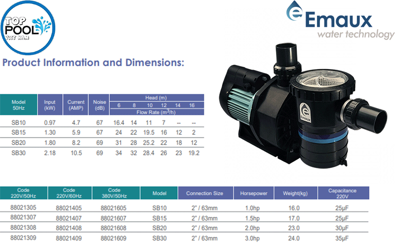 Thông số kỹ thuật máy bơm hồ bơi Emaux SB10