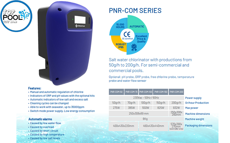 Thông số kỹ thuật máy điện phân muối hồ bơi Pentair 35gr.h