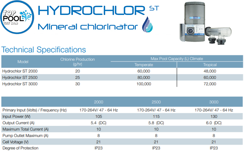 Thông số kỹ thuật máy điện phân muối Waterco ST 3000